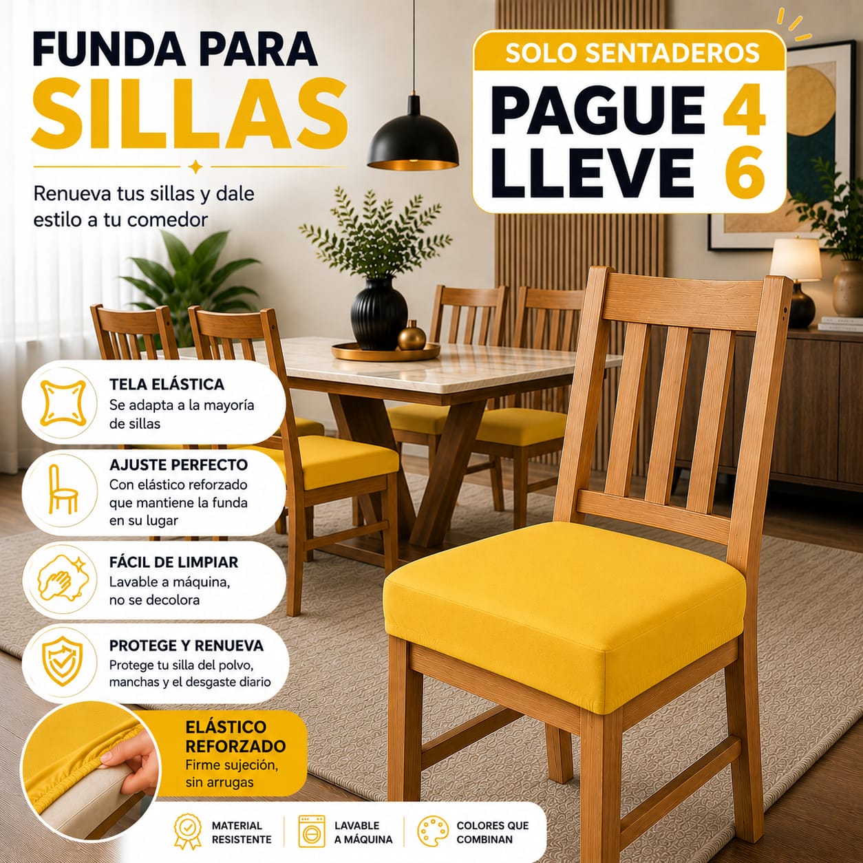FUNDA AJUSTABLE PARA SILLAS DE COMEDOR SIN ESPALDAR⭐️⭐️⭐️⭐️⭐️5/5