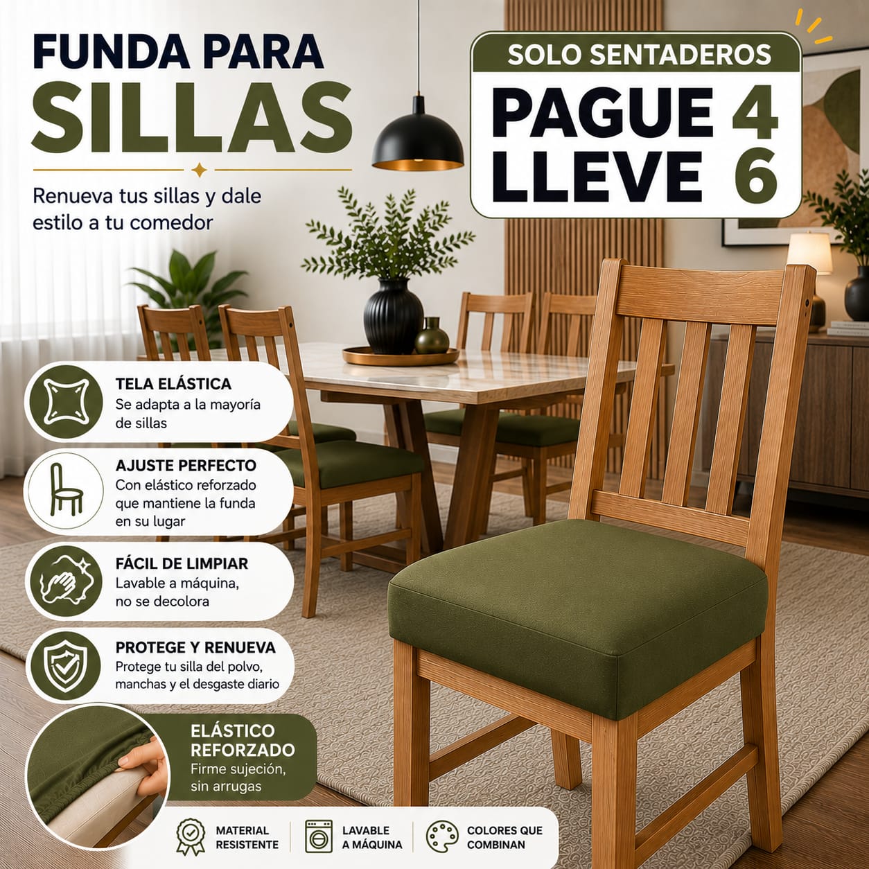 FUNDA AJUSTABLE PARA SILLAS DE COMEDOR SIN ESPALDAR⭐️⭐️⭐️⭐️⭐️5/5