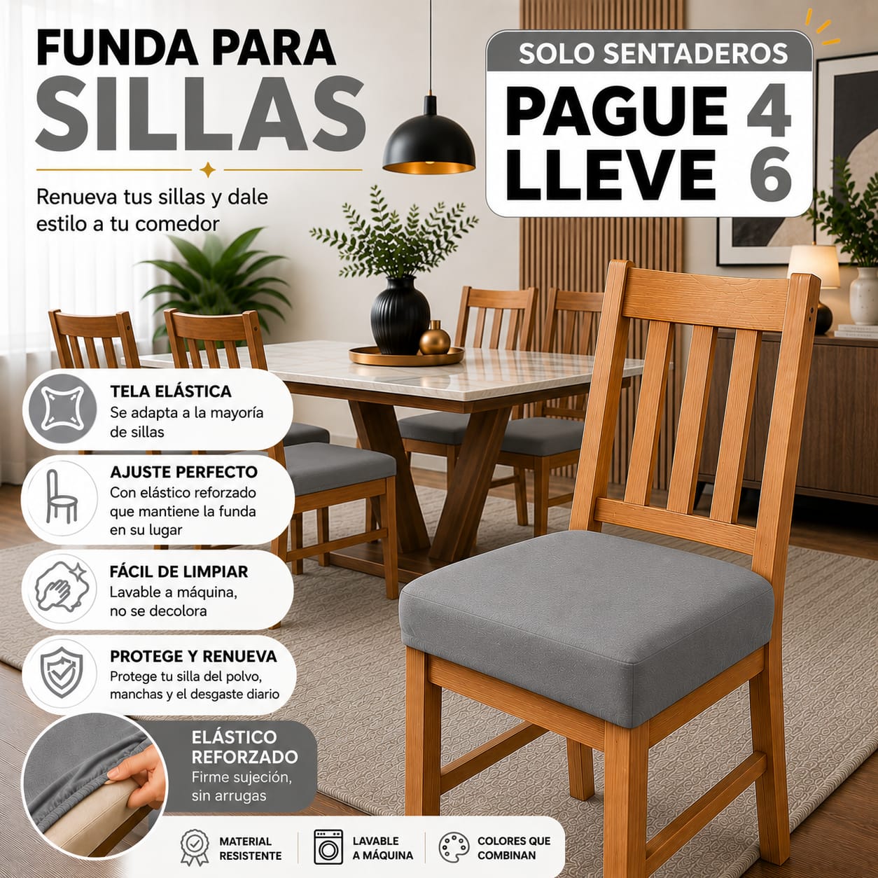 FUNDA AJUSTABLE PARA SILLAS DE COMEDOR SIN ESPALDAR⭐️⭐️⭐️⭐️⭐️5/5