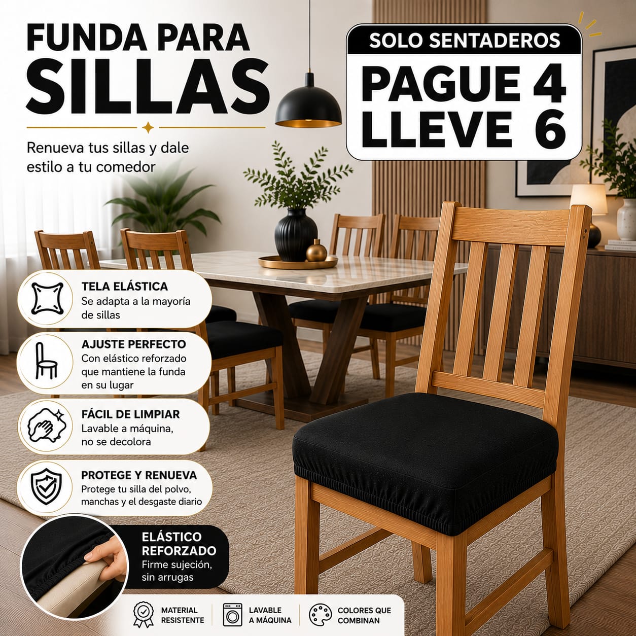 FUNDA AJUSTABLE PARA SILLAS DE COMEDOR SIN ESPALDAR⭐️⭐️⭐️⭐️⭐️5/5