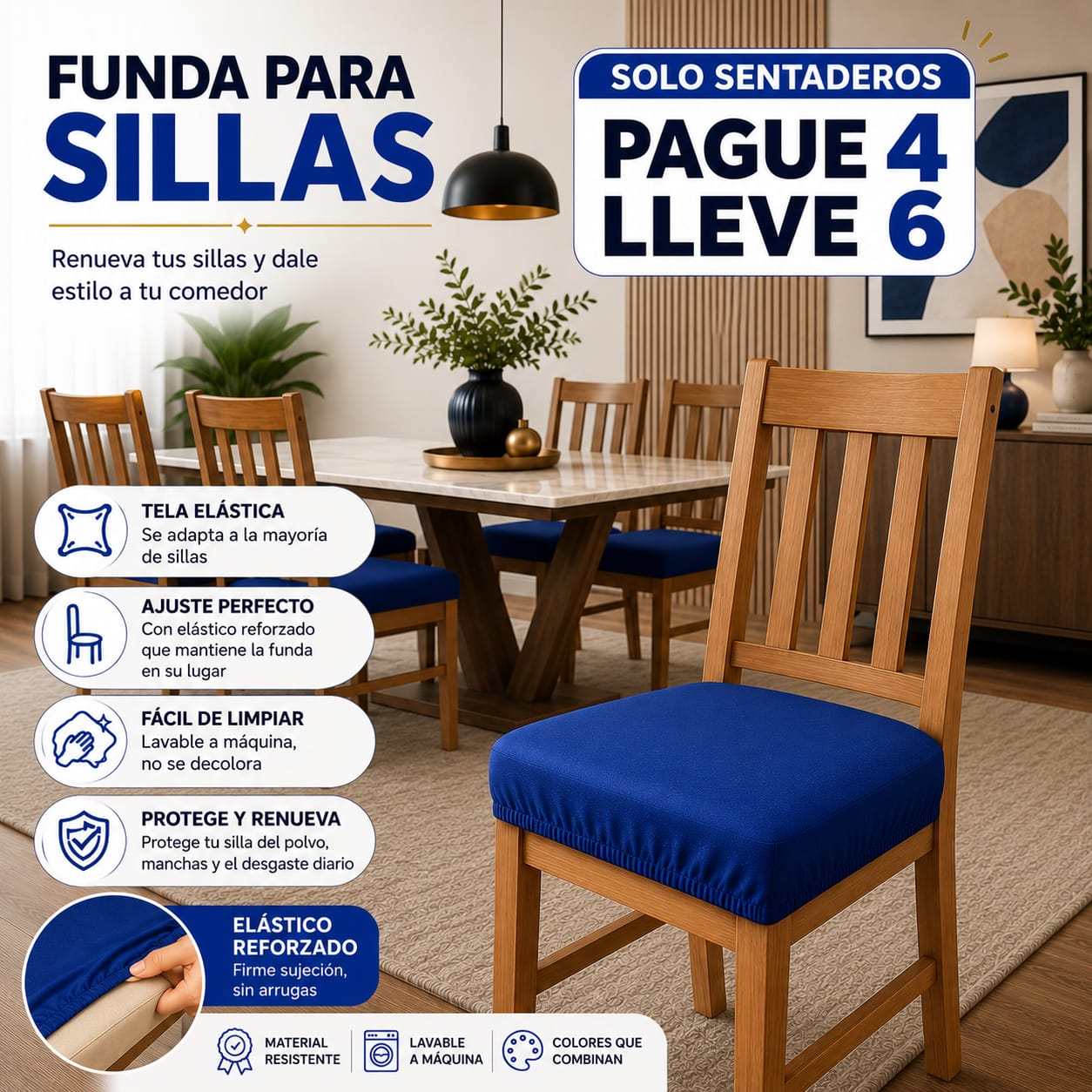 FUNDA AJUSTABLE PARA SILLAS DE COMEDOR SIN ESPALDAR⭐️⭐️⭐️⭐️⭐️5/5