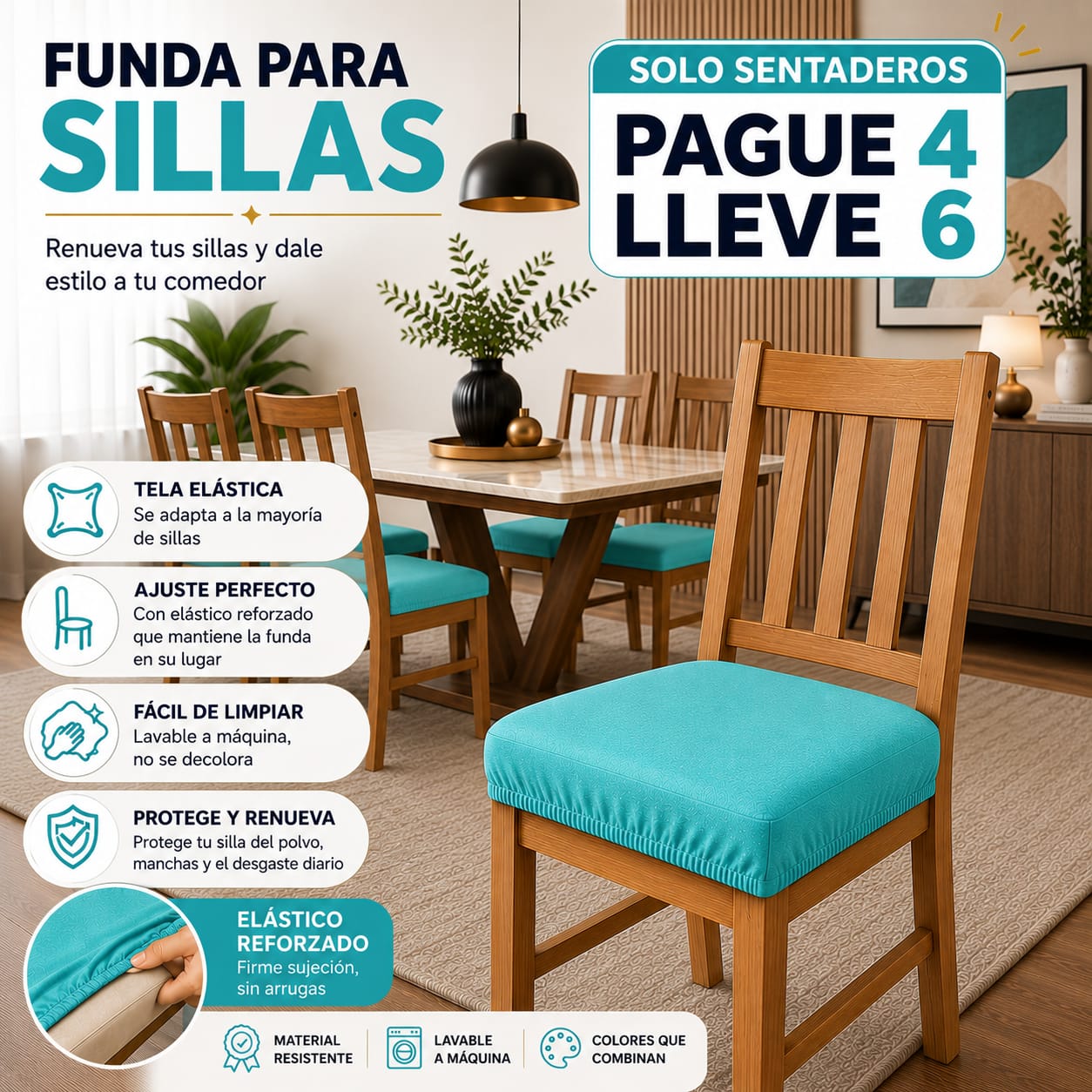 FUNDA AJUSTABLE PARA SILLAS DE COMEDOR SIN ESPALDAR⭐️⭐️⭐️⭐️⭐️5/5