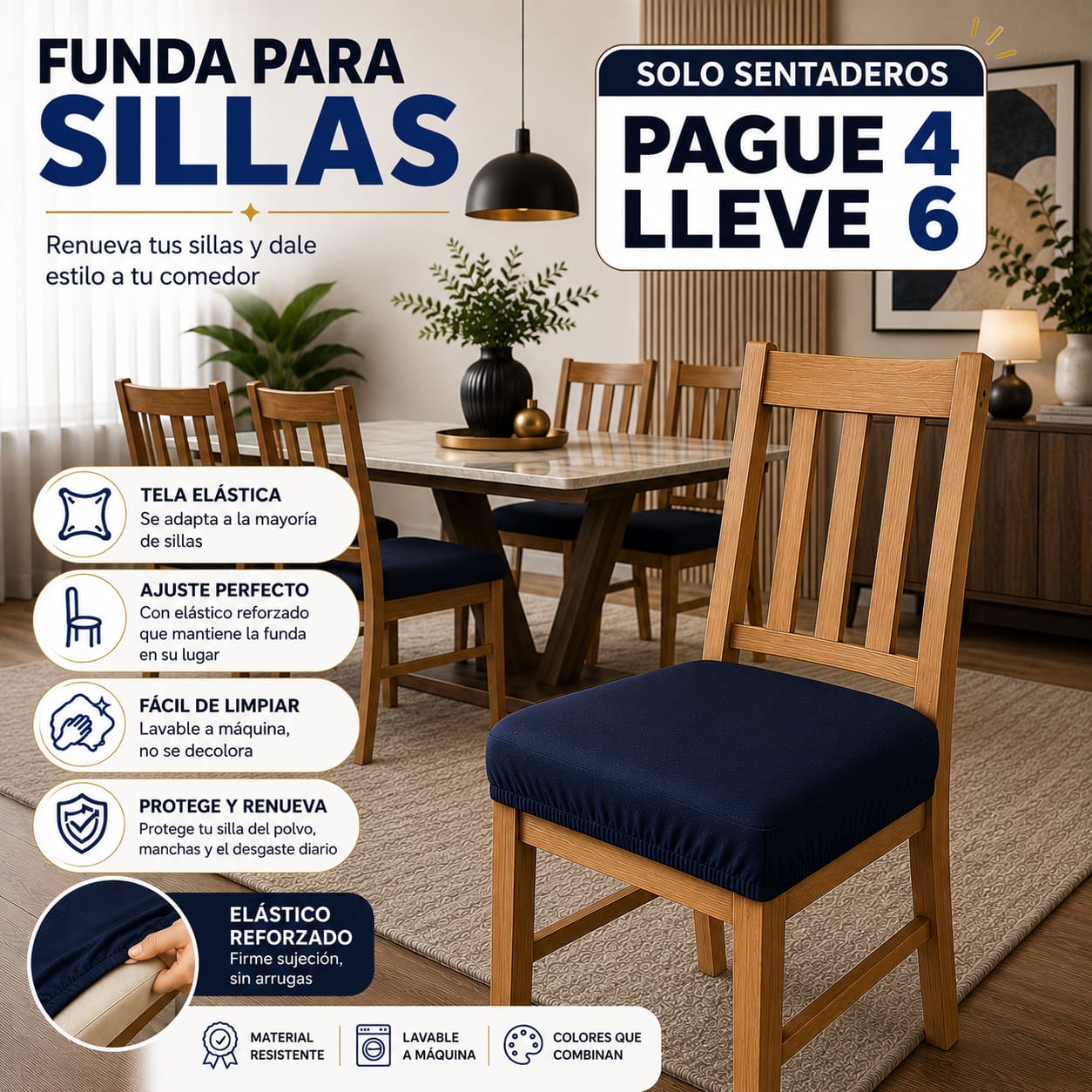 FUNDA AJUSTABLE PARA SILLAS DE COMEDOR SIN ESPALDAR⭐️⭐️⭐️⭐️⭐️5/5