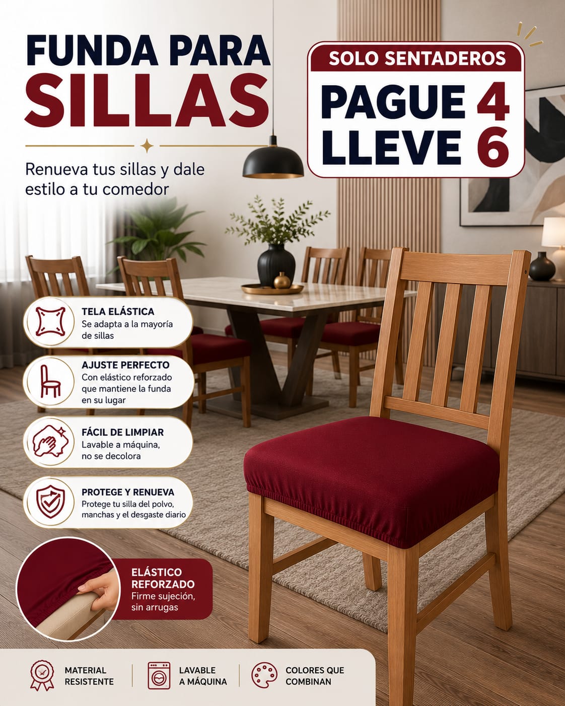FUNDA AJUSTABLE PARA SILLAS DE COMEDOR SIN ESPALDAR⭐️⭐️⭐️⭐️⭐️5/5