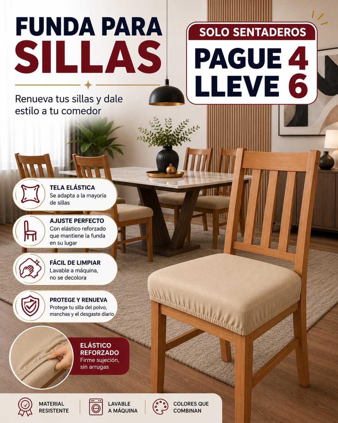 FUNDA AJUSTABLE PARA SILLAS DE COMEDOR SIN ESPALDAR⭐️⭐️⭐️⭐️⭐️5/5