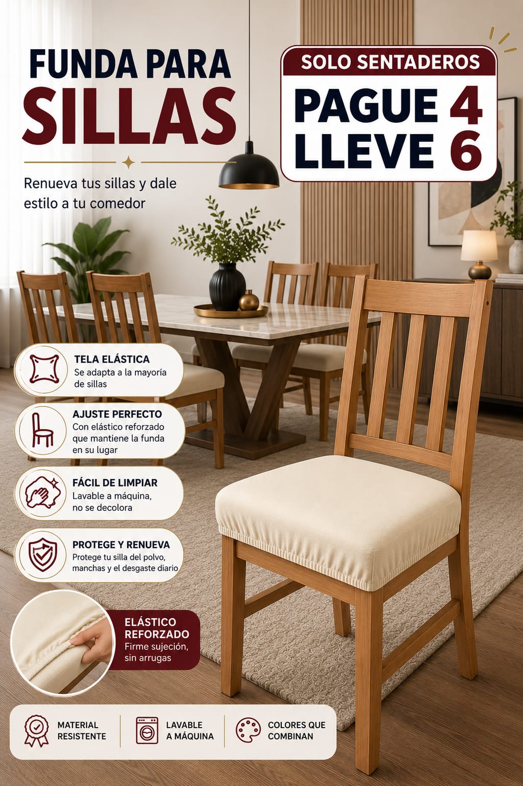 FUNDA AJUSTABLE PARA SILLAS DE COMEDOR SIN ESPALDAR⭐️⭐️⭐️⭐️⭐️5/5