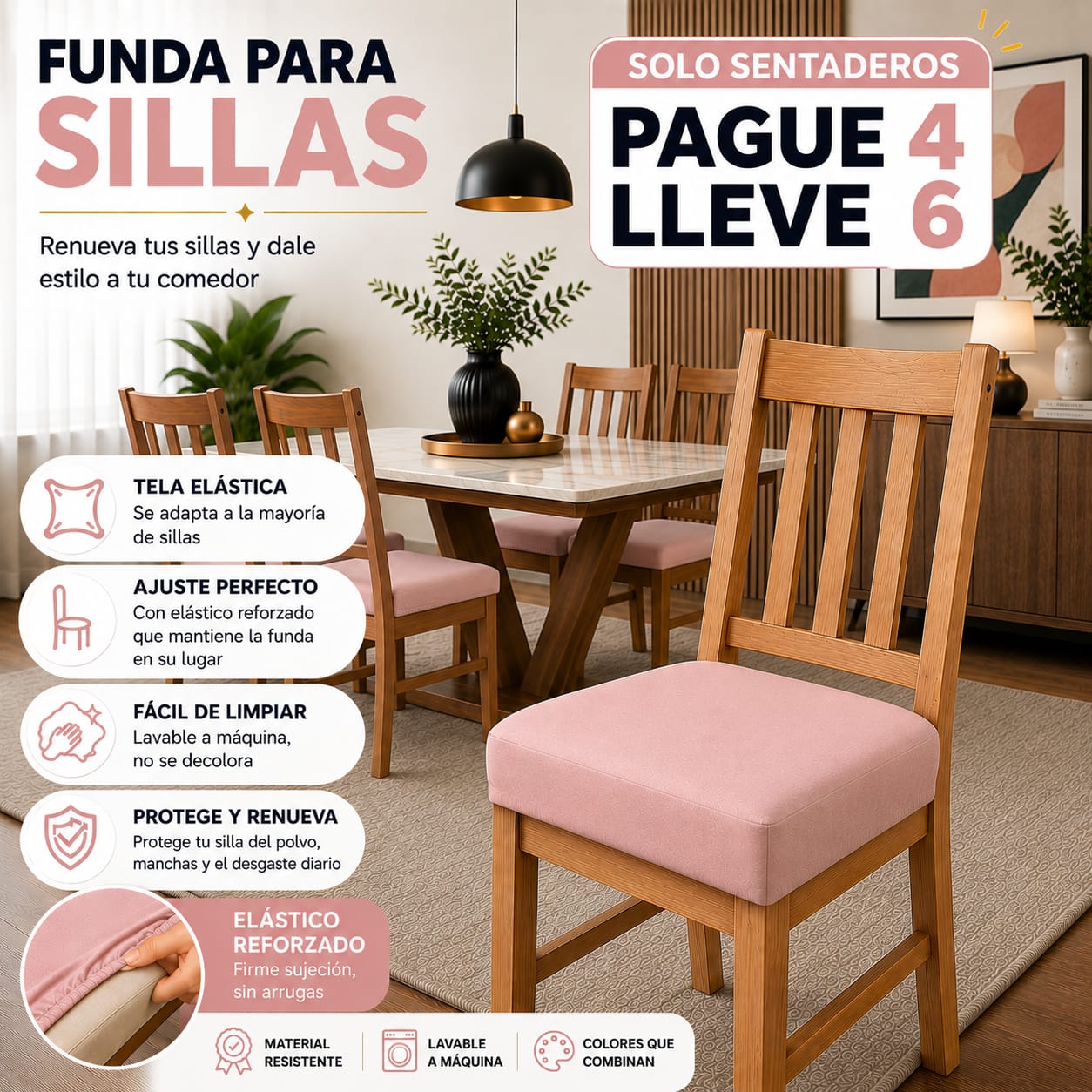 FUNDA AJUSTABLE PARA SILLAS DE COMEDOR SIN ESPALDAR⭐️⭐️⭐️⭐️⭐️5/5