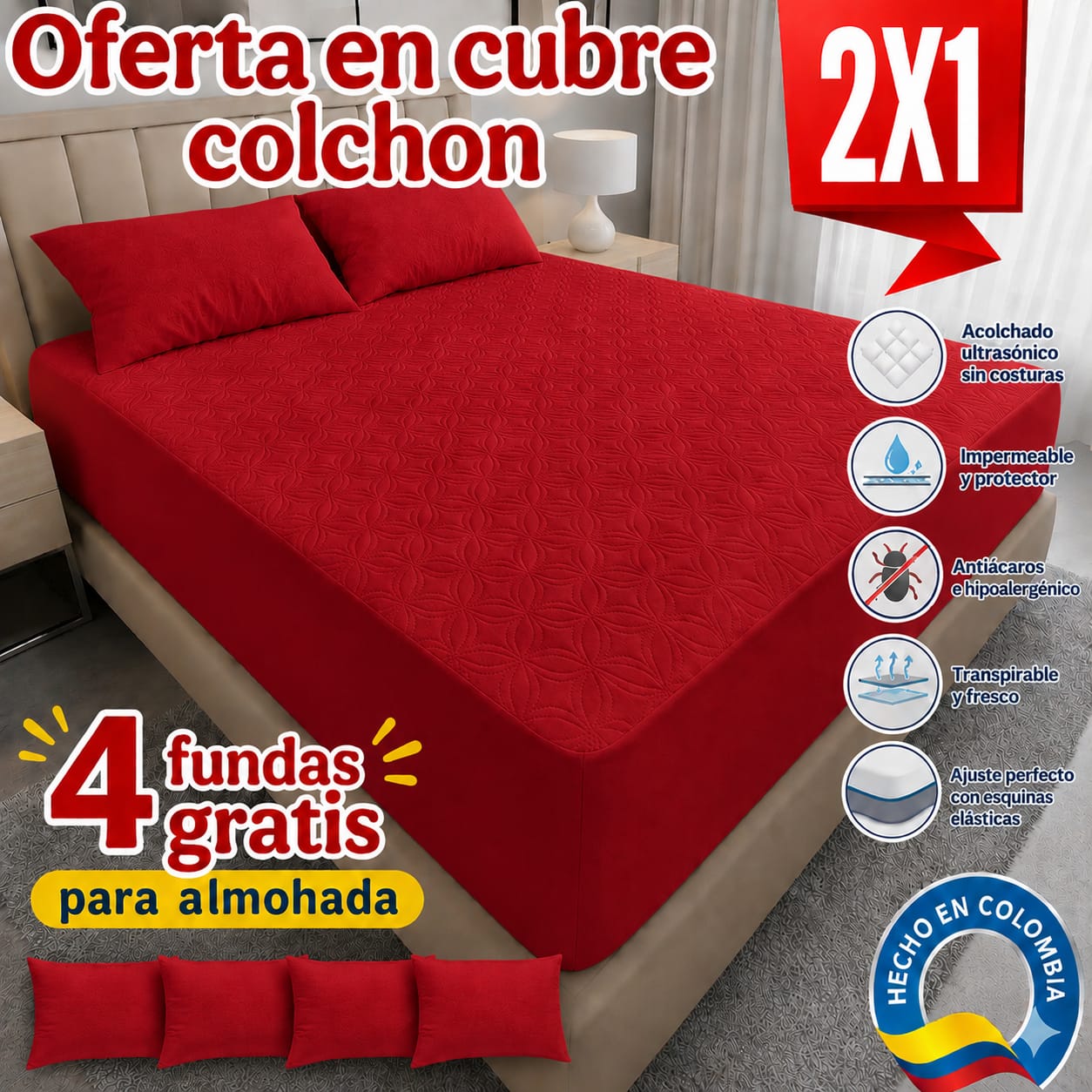 CUBRE COLCHON ACOLCHADO PAGUE 1 LLEVE 2+ 4 fundas de almohada.