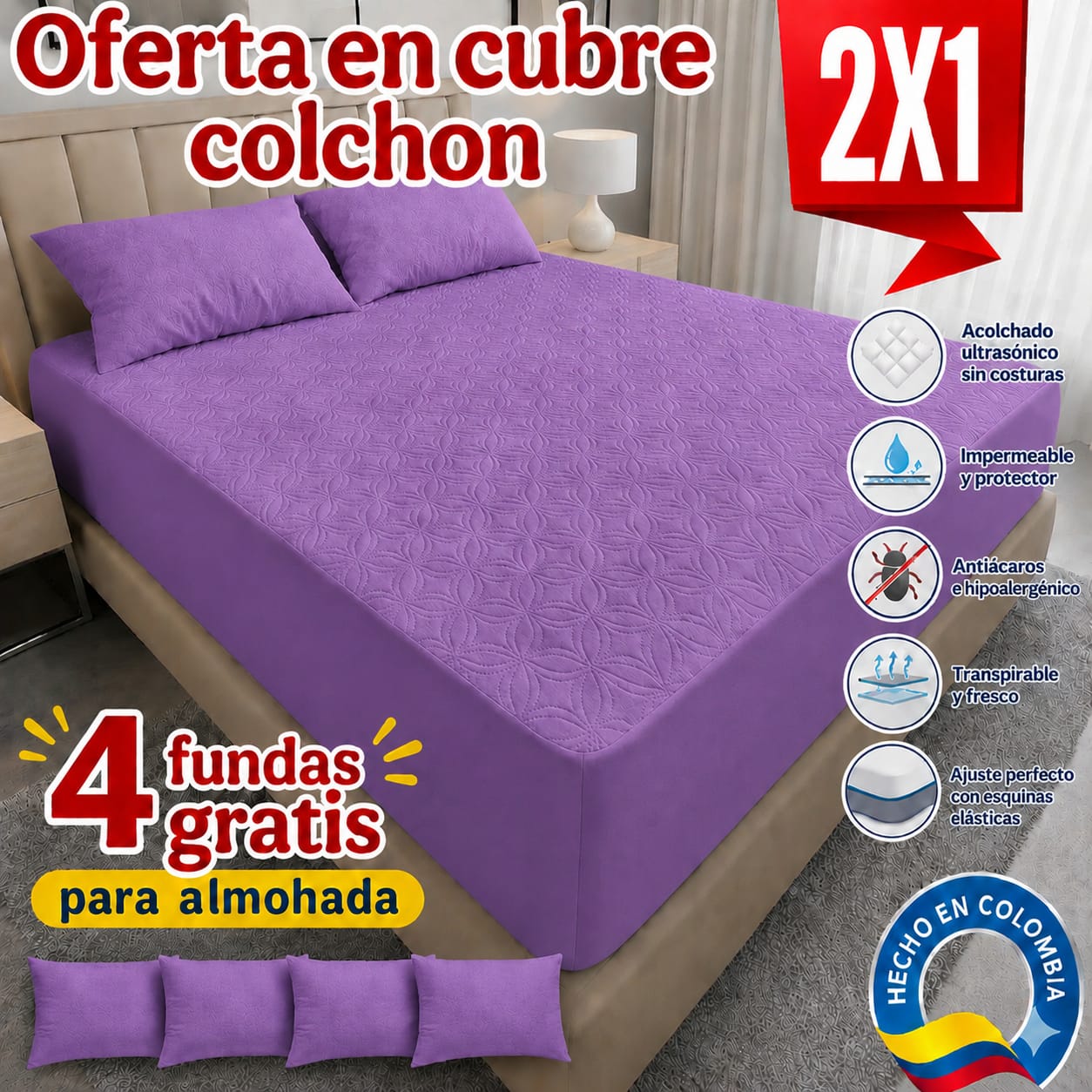 CUBRE COLCHON ACOLCHADO PAGUE 1 LLEVE 2+ 4 fundas de almohada.