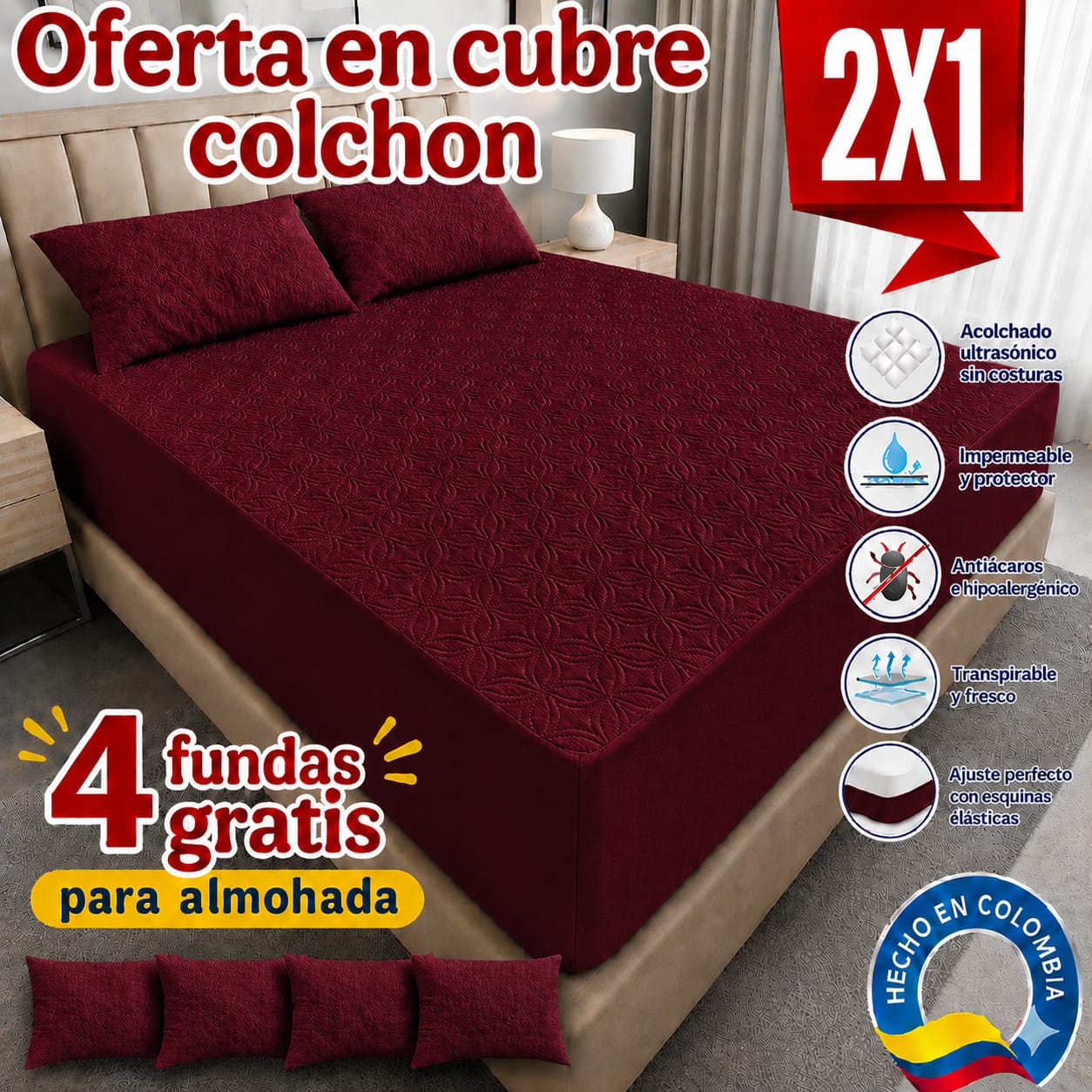 CUBRE COLCHON ACOLCHADO PAGUE 1 LLEVE 2+ 4 fundas de almohada.