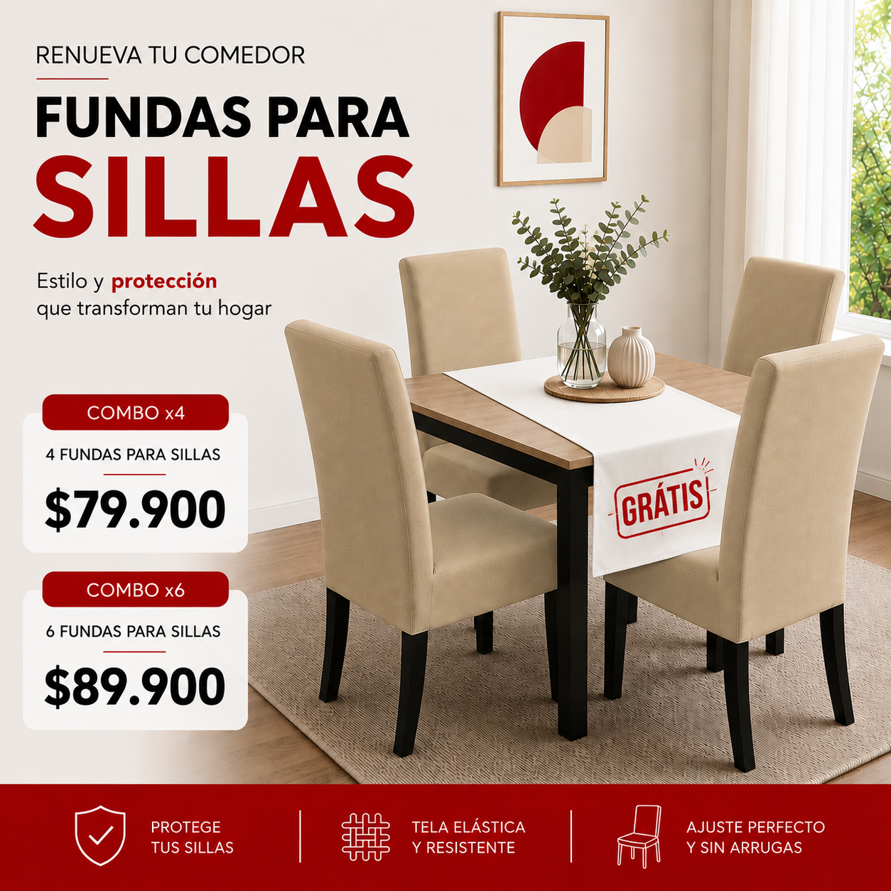 OF. FUNDAS AJUSTABLES PARA SILLAS + CENTRO DE MESA.  5/5⭐️⭐️⭐️⭐️⭐️