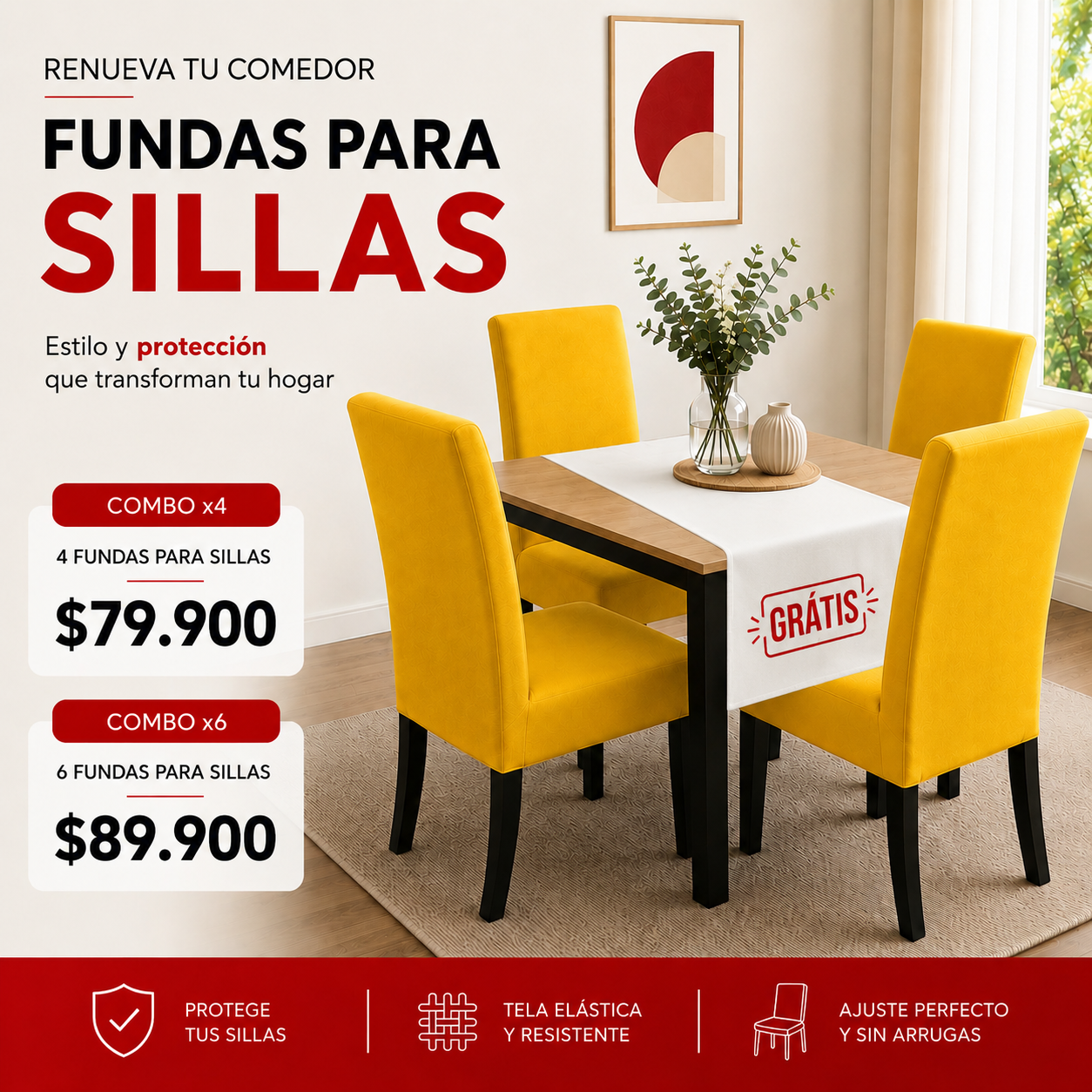OF. FUNDAS AJUSTABLES PARA SILLAS + CENTRO DE MESA.  5/5⭐️⭐️⭐️⭐️⭐️