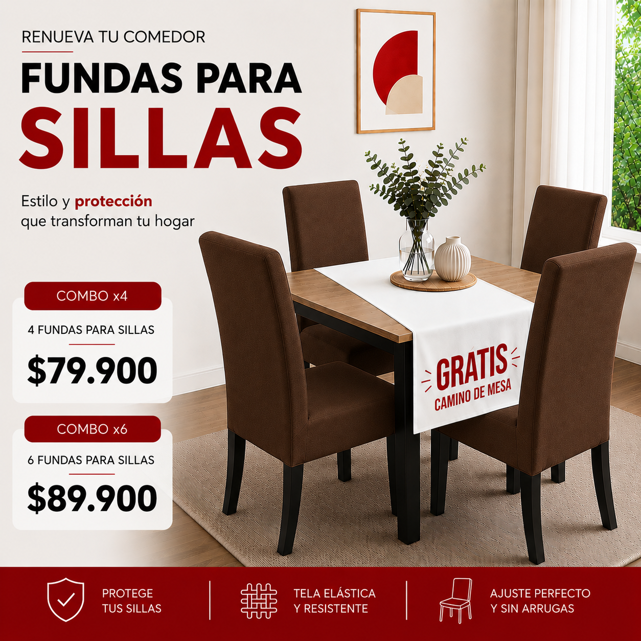 OF. FUNDAS AJUSTABLES PARA SILLAS + CENTRO DE MESA.  5/5⭐️⭐️⭐️⭐️⭐️