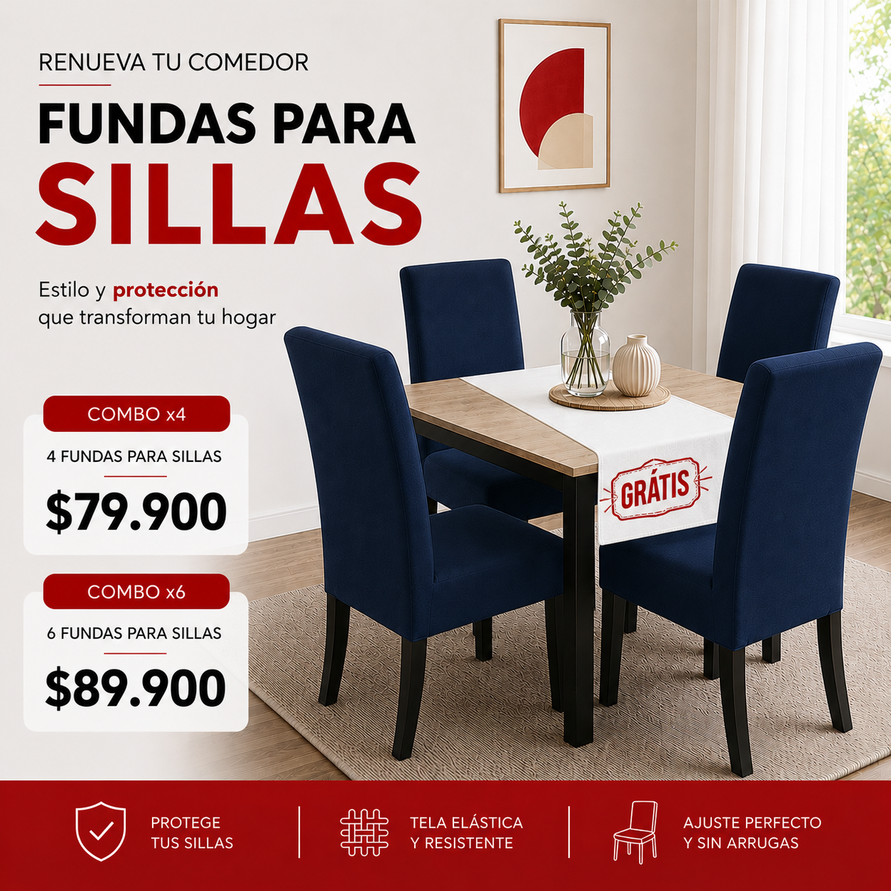 OF. FUNDAS AJUSTABLES PARA SILLAS + CENTRO DE MESA.  5/5⭐️⭐️⭐️⭐️⭐️