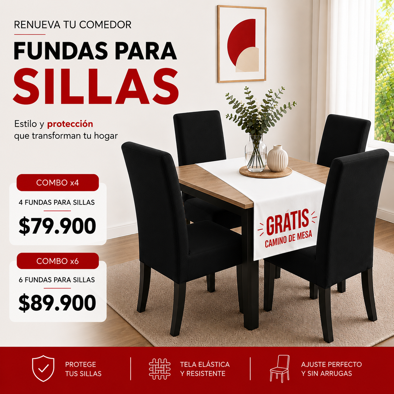 OF. FUNDAS AJUSTABLES PARA SILLAS + CENTRO DE MESA.  5/5⭐️⭐️⭐️⭐️⭐️