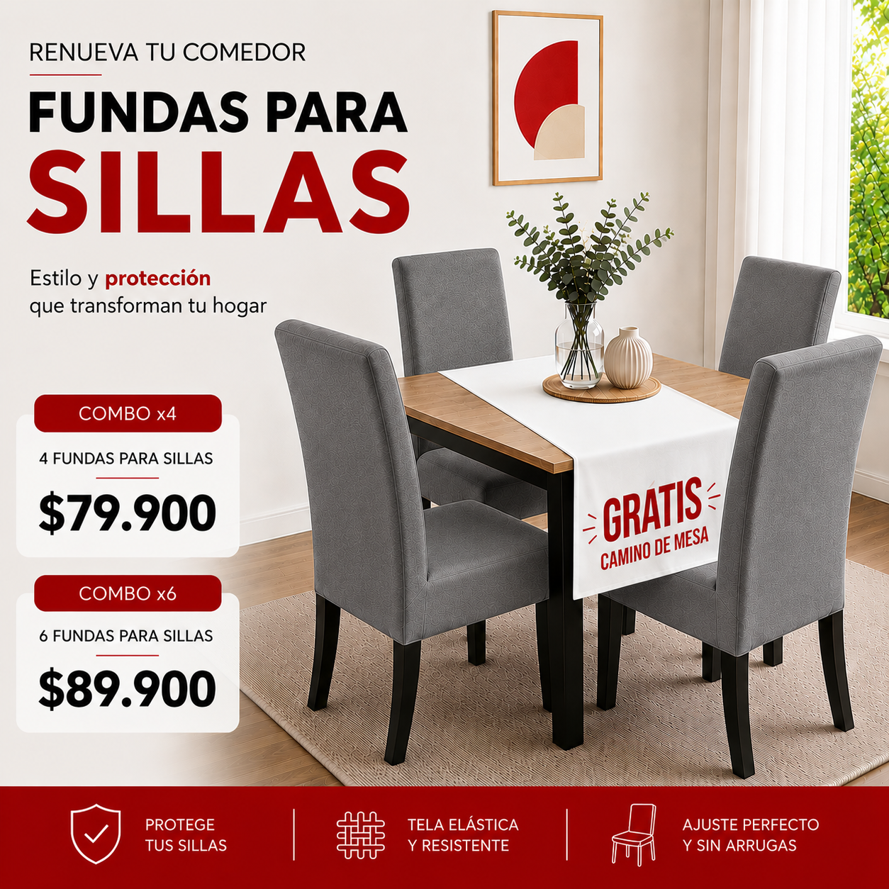 OF. FUNDAS AJUSTABLES PARA SILLAS + CENTRO DE MESA.  5/5⭐️⭐️⭐️⭐️⭐️