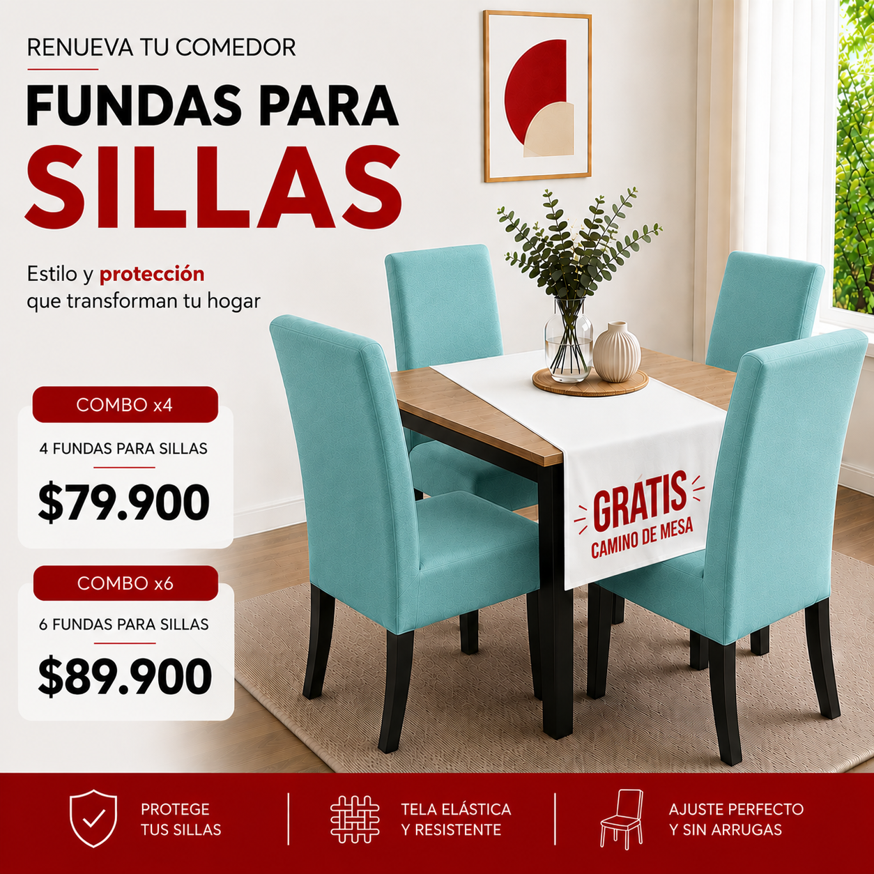 OF. FUNDAS AJUSTABLES PARA SILLAS + CENTRO DE MESA.  5/5⭐️⭐️⭐️⭐️⭐️