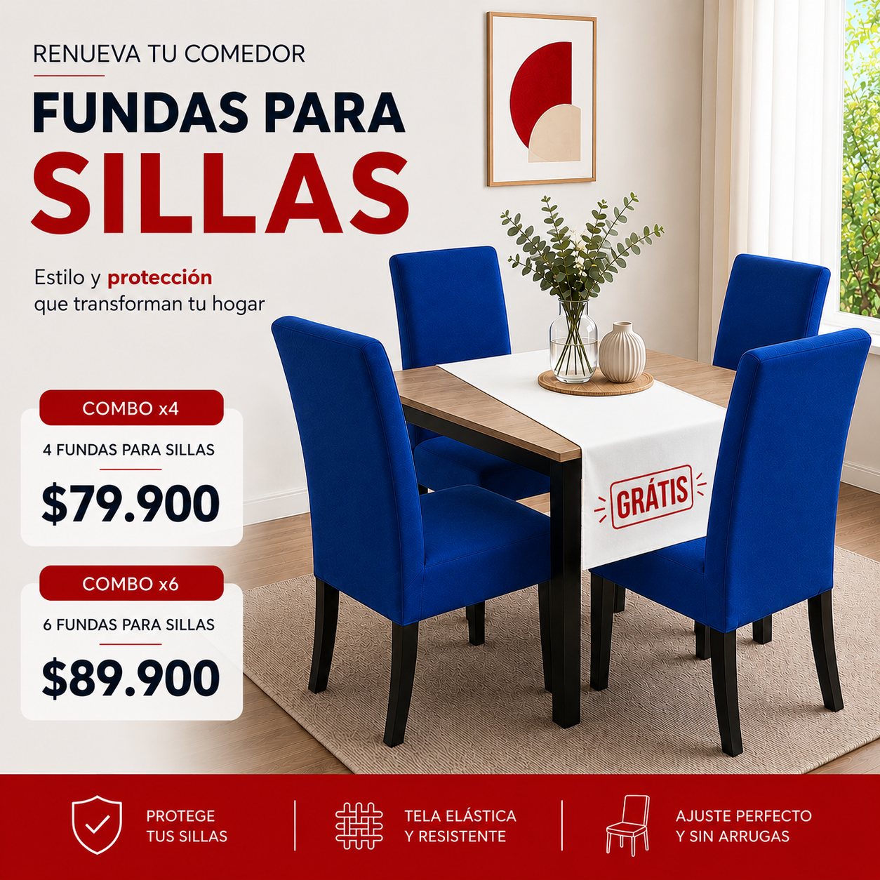 OF. FUNDAS AJUSTABLES PARA SILLAS + CENTRO DE MESA.  5/5⭐️⭐️⭐️⭐️⭐️