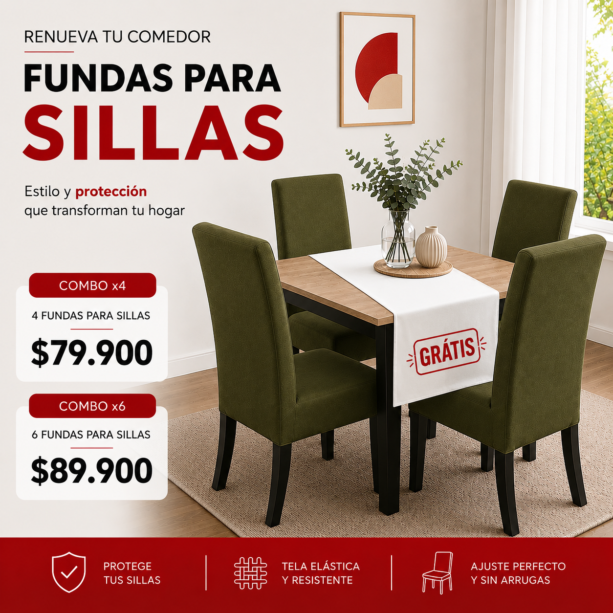 OF. FUNDAS AJUSTABLES PARA SILLAS + CENTRO DE MESA.  5/5⭐️⭐️⭐️⭐️⭐️