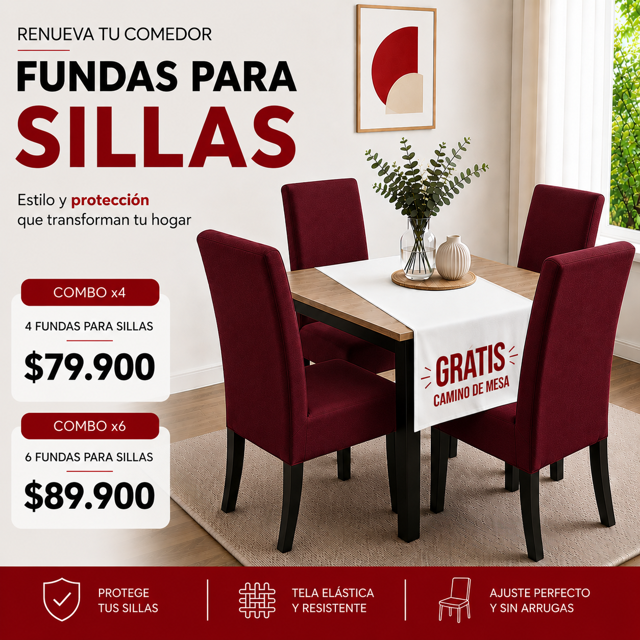 OF. FUNDAS AJUSTABLES PARA SILLAS + CENTRO DE MESA.  5/5⭐️⭐️⭐️⭐️⭐️