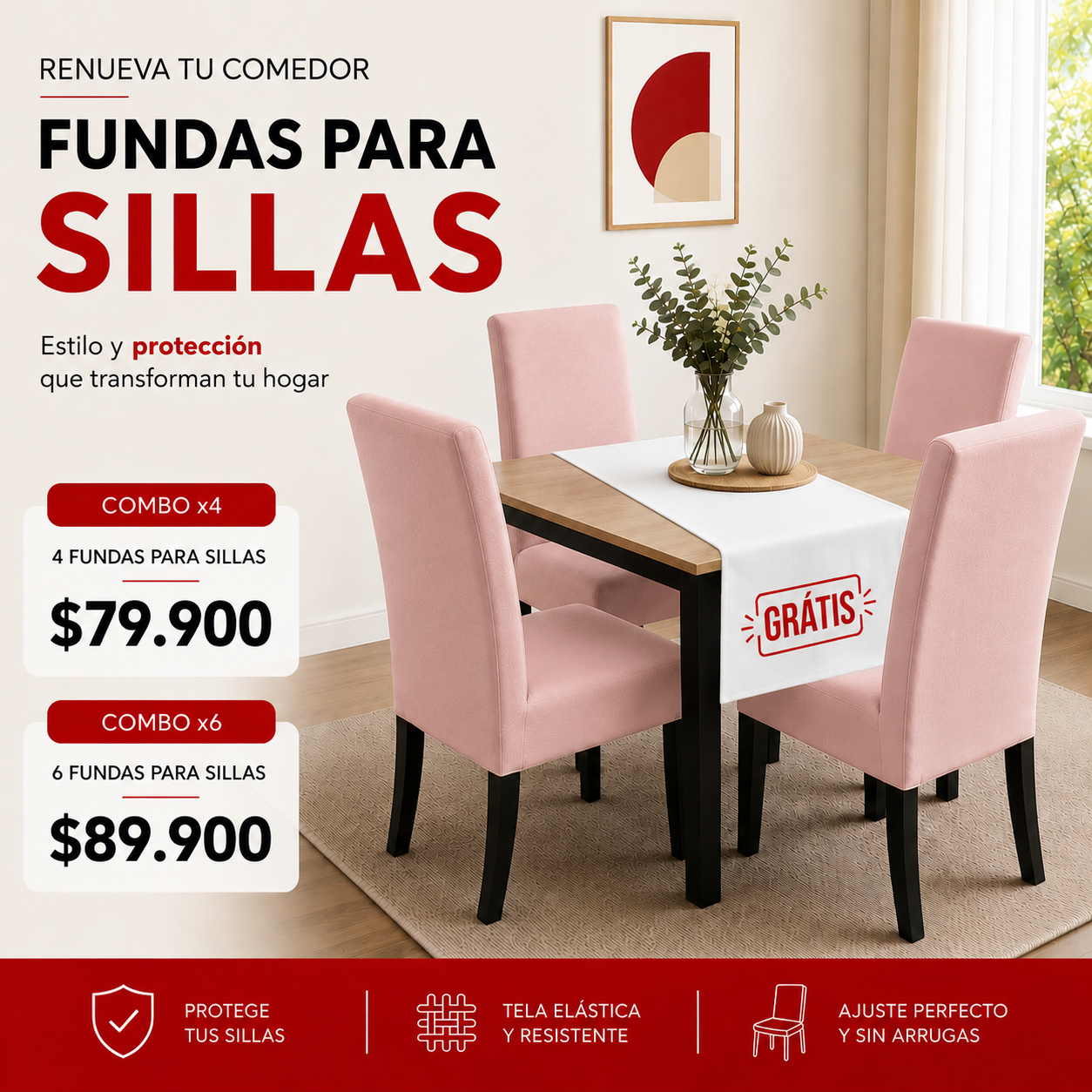 OF. FUNDAS AJUSTABLES PARA SILLAS + CENTRO DE MESA.  5/5⭐️⭐️⭐️⭐️⭐️